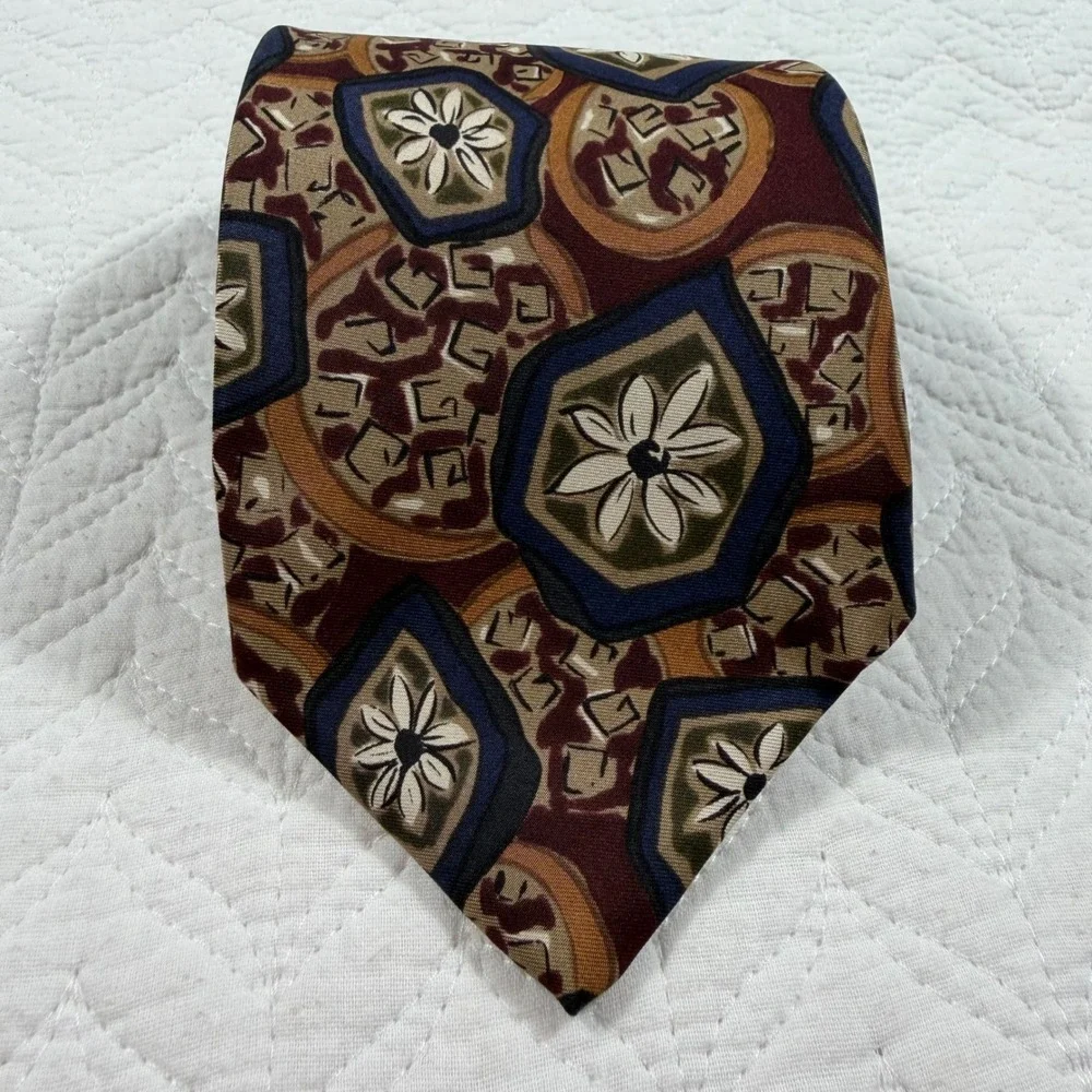 Robert Talbott Mens 100% Silk Tie Geometric Floral Burgundy‎ Gold Blue USA Made